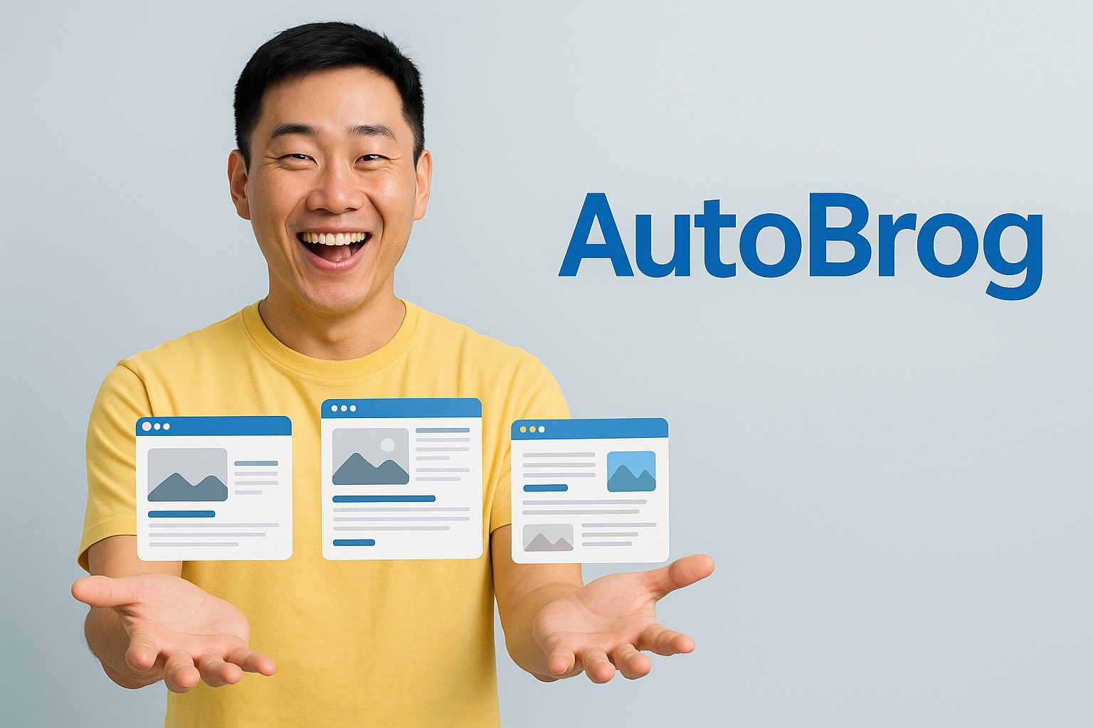 A happy person holding illustrations of websites, representing AutoBrog's services.